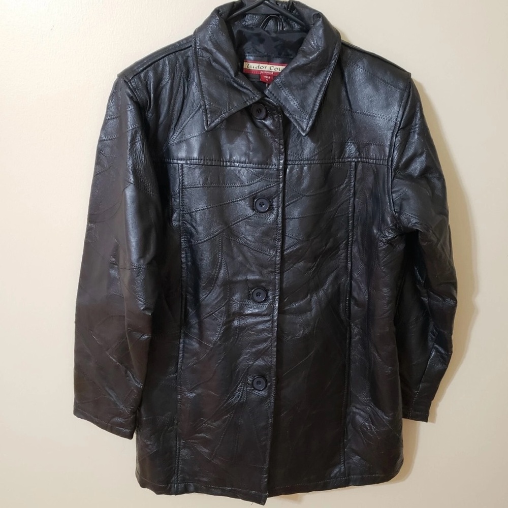 Vintage Tudor Court Black Genuine Leather Jacket Women’s Small Patchwork Retro